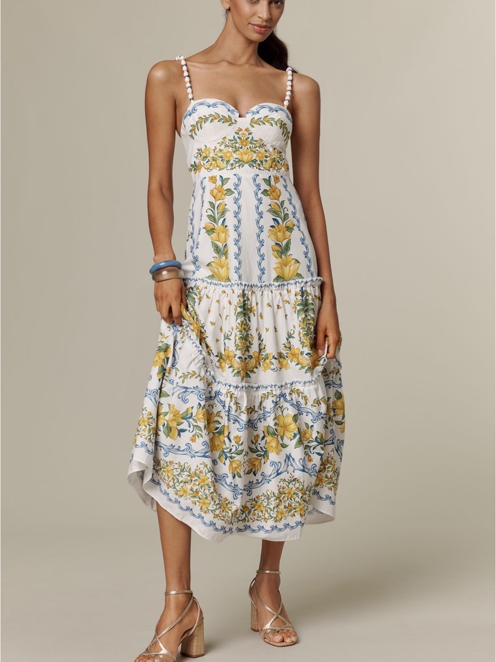 FARM Rio White Midi Dress with Yellow & Blue Floral Print